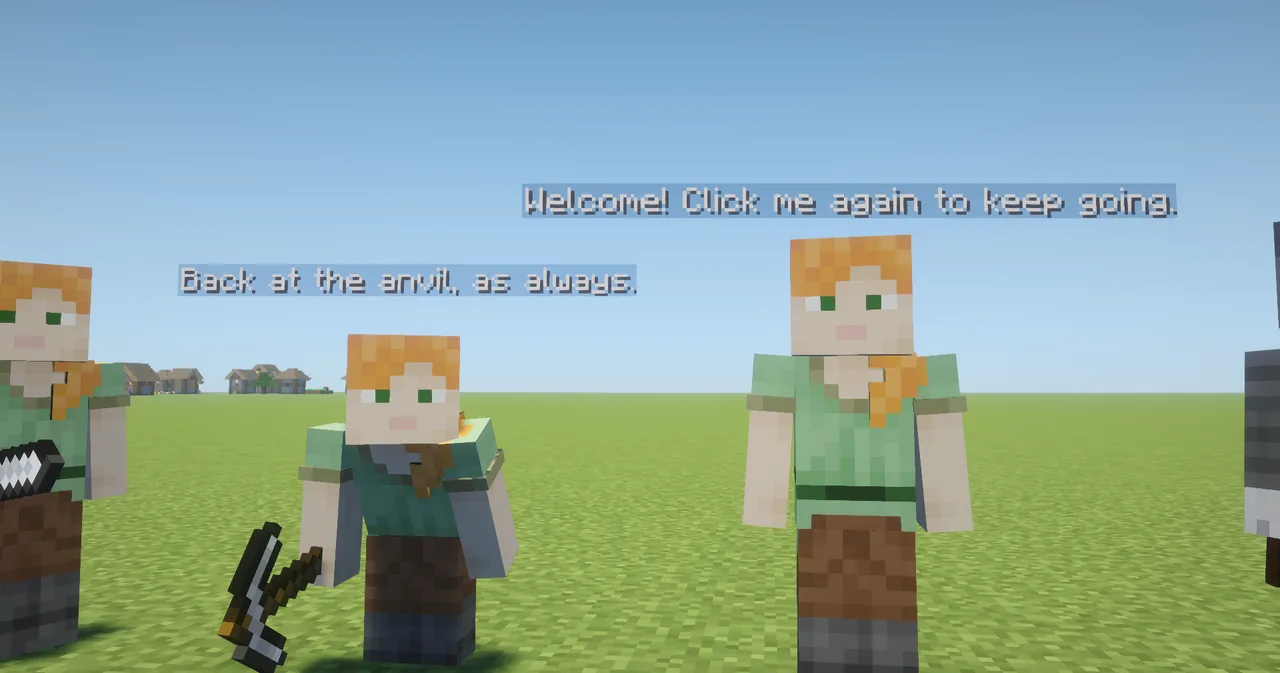 Blacksmith and guide NPCs mid-dialogue with typewriter text boxes